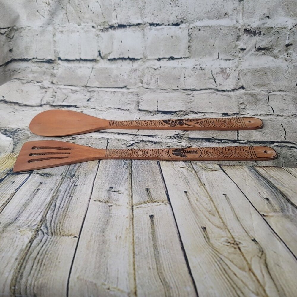 Vintage Wooden Serving Fork and Spoon with Australian Details Engraved Australia
